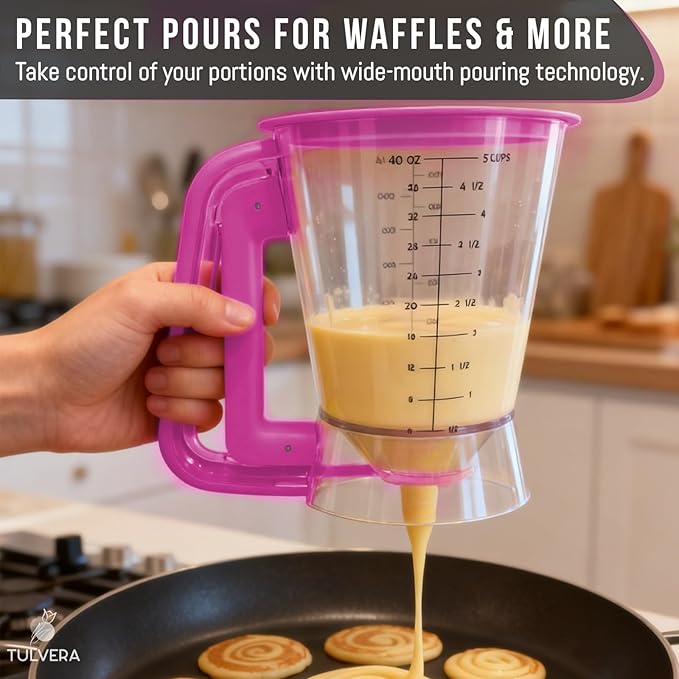 Pancake Batter Dispenser | 5-Cup Mix Pourer for Pancakes, Waffles, Crepes, Muffins, Cupcakes | Squeeze Handle, Portion Control Pitcher, Durable Drip-Free Design | Baking Accessories (Raspberry Purple)