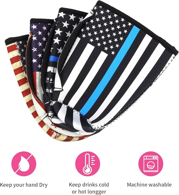4Pack Reusable Iced Coffee Sleeve Insulator Sleeves for Cold Drinks Beverages, Neoprene Cup Holder for Most Coffee, Fits 22-24oz Medium Cups (American Flag with Handle)