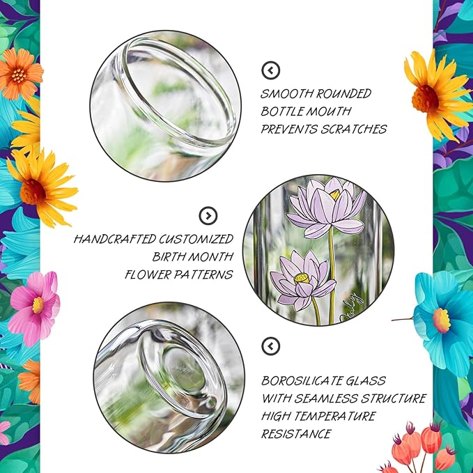 SUROQUE Birth Month Flower Iced Coffee Glass Cup 16oz Custom Tumbler Birthday Gifts Personalized Gifts for Women, Teachers, Bridesmaids, Birthdays, Mom, Valentines
