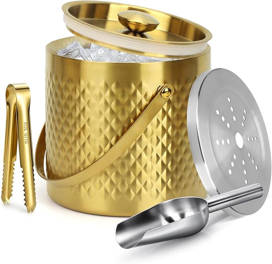 Gold Ice Bucket with Lid, Handle and Tong Insulated 3L Double Wall Stainless Steel Champagne Bucket with Silicone Sealing Ring, Scoop & Strainer, Metal Ice Bucket for Bar, Party, Home Entertaining