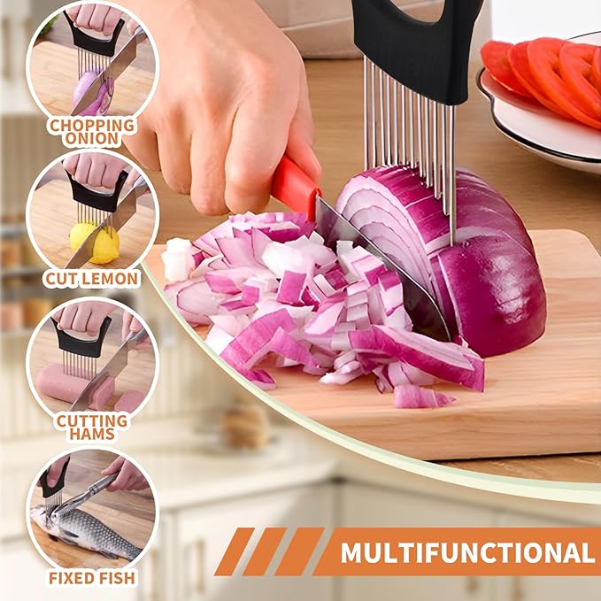 2PCs Stainless Steel Onion Slicer Holder, Onion Cutter Holder for Slicing of Onions,Tomatoes,Avocados,Eggs and Other Vegetables,KItchen Utensils (Blue & Black)