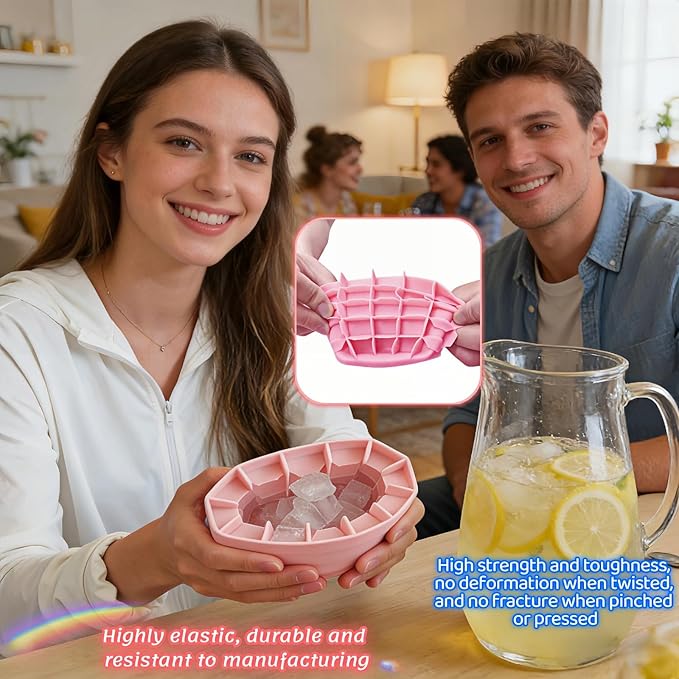3D Upgraded Silicone Ice Cube Tray with Easy Release-30 Cubes, Leak-Proof&Space-Saving for Freezer,RV,Office-BPA-Free Fast Ice Maker for Drinks,Cocktails, Party (Includes Travel Ice Bucket) (Pink)