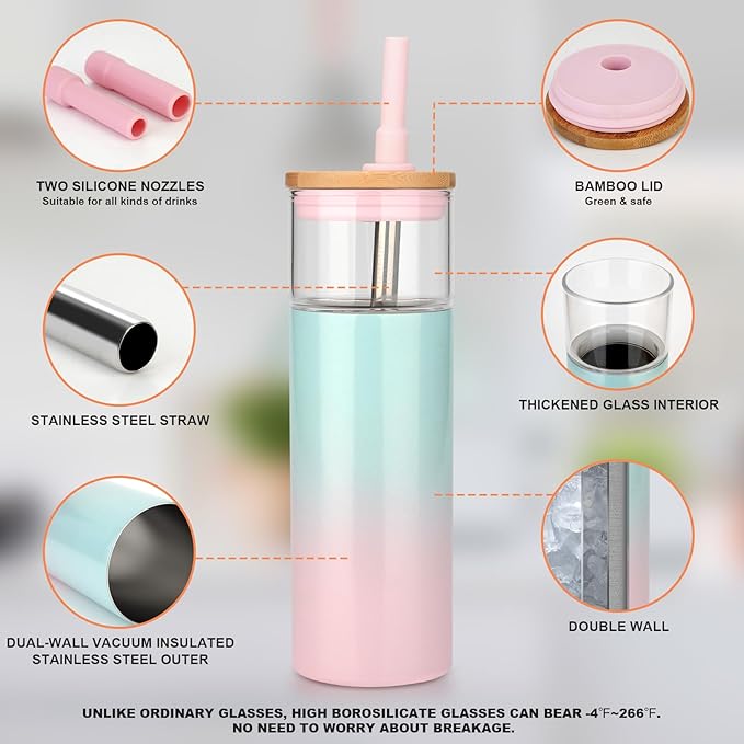 Tronco 20 oz Insulated Tumbler with Lid, Stainless Steel, Borosilicate Glass, Reusable Iced Coffee Cup for Travel