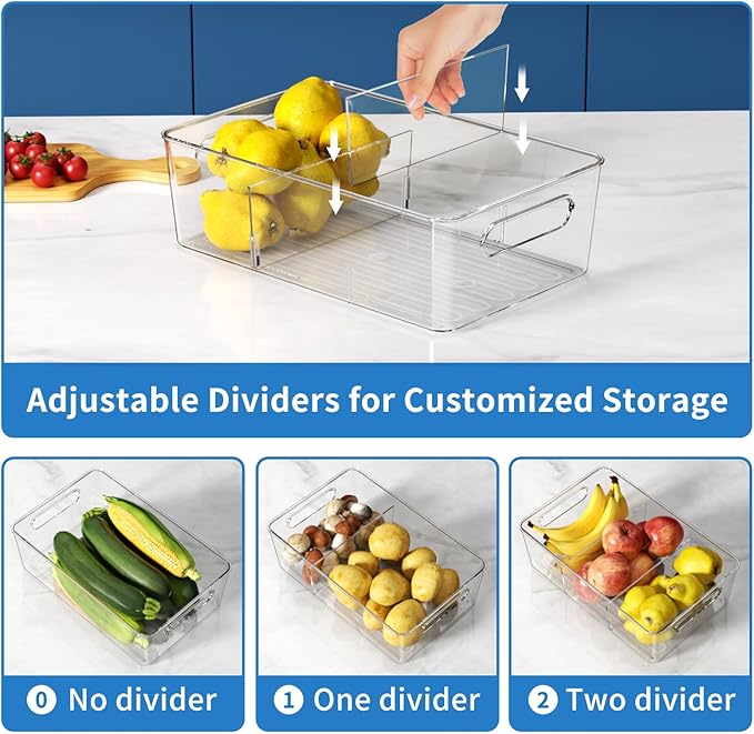 Mpotmiy Pantry Organizers and Storage , 8 Pack Snack Organizer for Pantry Shelf,Food Storage Bins with Divider,Clear Containers for Organizing,Transparent Plastic Basket,Refrigerator and Fridge Bins