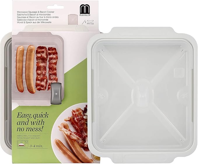 MMUGOOLER Microwave Easy Bacon Maker/Cooker with Lid, Safety, Quick and with No Mess, 11.3“ L x 9.0" W x 2.4" H- White