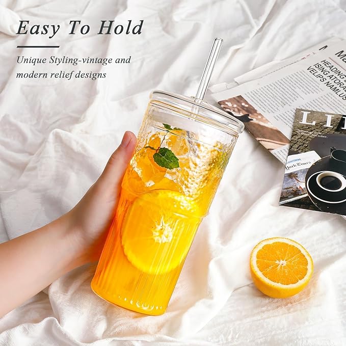 DWTS DANWEITESI Glass Cups with Lids and Straws 4 Pcs,20oz Glasses Drinking Set Vintage Textured Clear Iced Coffee Cups with Lids,Reusable Glass Tumbler with Straw and Lid for Coffee Bar Accessories