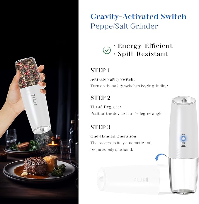 UNNEES Rechargeable Electric Salt and Pepper Grinder Set, Gravity Activated, Adjustable Coarseness, LED Light, USB Charging, Ceramic Core, 150ml Transparent Hopper, Black + White