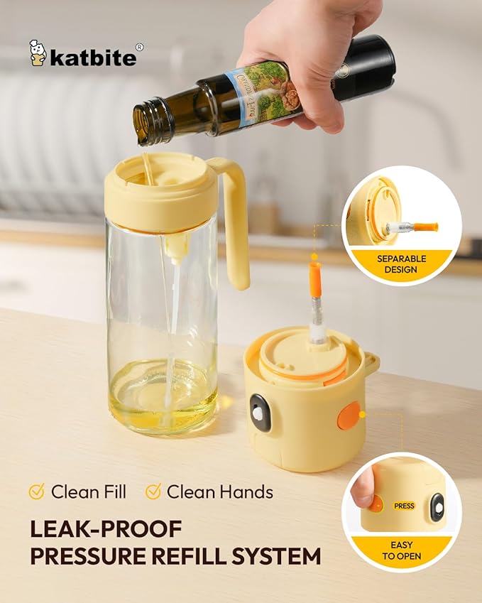 katbite 18.6 oz/550ml olive oil dispenser bottle for Cooking, 2 in 1 glass oil bottle and oil sprayer Non-Drip Leak-Proof Design, Fine Mist(0.5g/Spray) for Air Fryer, Salad, Yellow