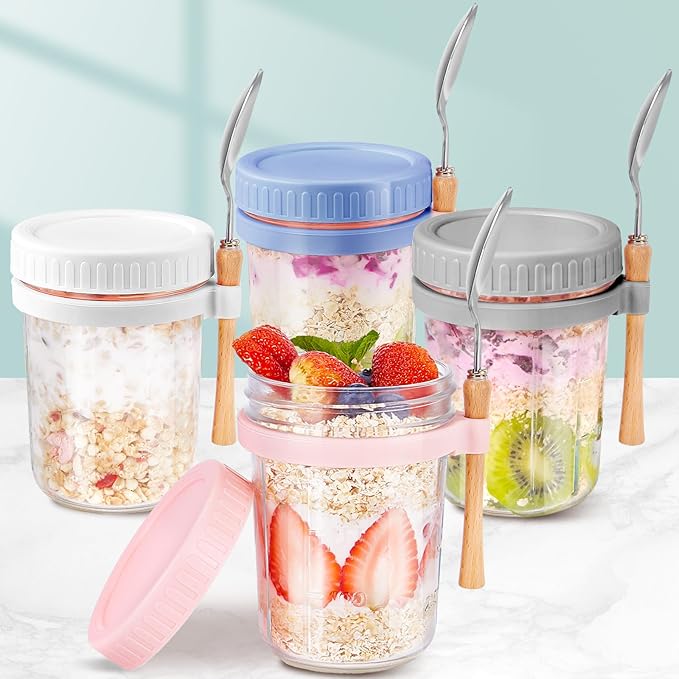 HomArtist Glass Overnight Oats Containers with Lids and Spoon, 16oz Wide Mouth Mason Jars for Overnight Oats, Cereal, Yogurt, Salad Lunch Container with Measurement Marks - MultiColor 4 Pack