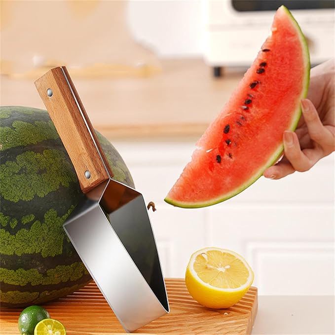 Triangle Watermelon Cutter – Stainless Steel Watermelon Slicer with Wooden Handle – Multi-Function Fruit Cutter Tool – Ideal for Watermelon, Pineapple, and Other Summer Fruits (4pcs)