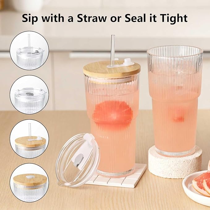 Ruckae 20oz Ribbed Glass Tumbler with Lids and Straws – 2 Pack Leak Proof Iced Coffee Cup– Aesthetic Glass Cups with Bamboo Lids for Home,Office,Travel and Gifts (2, Transparent)