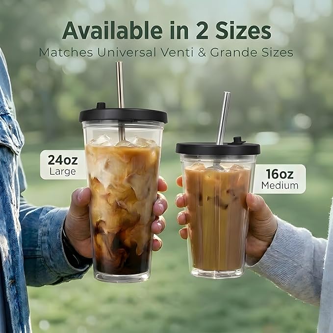 Kensal Home Reusable Iced Coffee Cup (24 Oz/Venti), Leak Proof and Double Wall Insulated Iced Coffee Tumbler, Come with Reusable Plastic and Metal Straws and Straw Cleaner - Black