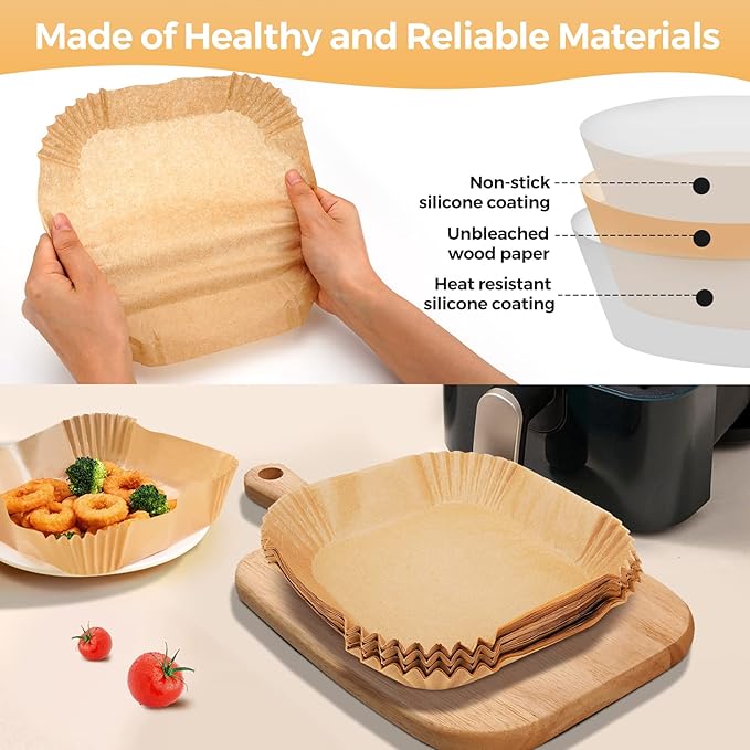 Ctizne Disposable Air Fryer Paper Liners, 125Pcs 9 In Large Square Parchment Paper Liner, Non Stick Baking Paper for 8Qt - 12Qt Air Fryer Basket Microwave Oven, Deep Fryer Parts & Accessories