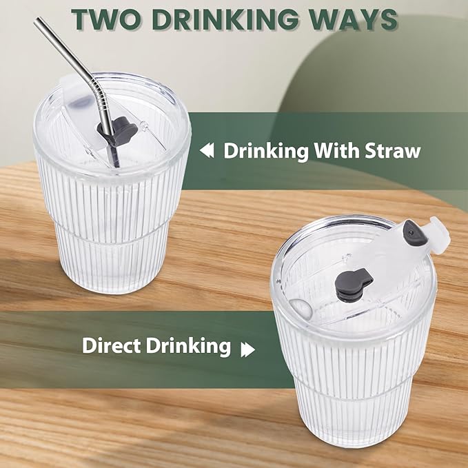 HIGIINC Iced Coffee Cups With Lids and Straws 8 Pcs, 16 OZ Unbreakable Glasses Drinking Set,Clear Plastic Cups Reusable Iced Coffee Tumbler with Lid and Straw, To Go Coffee Cups Dishwasher Safe