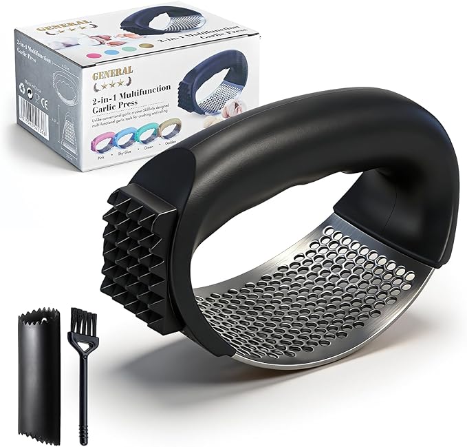 Garlic Press Rocker 304 Stainless Steel Garlic Mincer Crusher Easy to Clean Dishwasher Safe Textured End for Light Tenderizing, with Silicone Peeler and Cleaning Brush