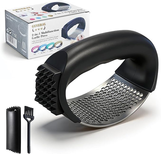 Garlic Press Rocker 304 Stainless Steel Garlic Mincer Crusher Easy to Clean Dishwasher Safe Textured End for Light Tenderizing, with Silicone Peeler and Cleaning Brush