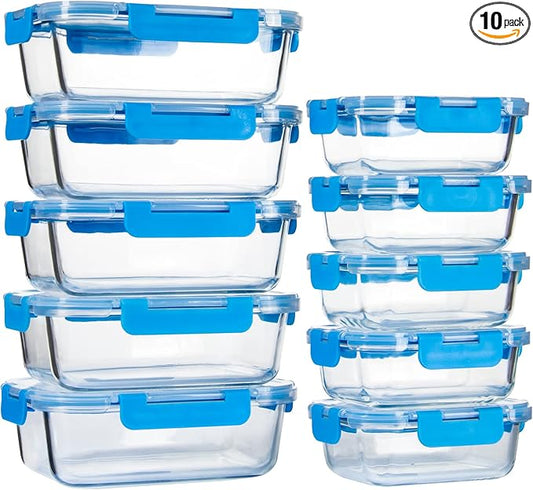 UMEIED 10 PACK Glass Food Storage Containers with Leak Proof Lids, Glass Airtight Meal Prep Containers Set for Lunch, On the Go, Leftover, Kitchen Pantry Organizers and Storage (Blue)