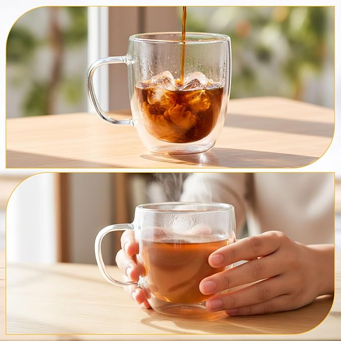 Patelai 6 Pcs 16oz Clear Glass Coffee Mugs Double Walled Coffee Cups Glasses Insulated Latte Mugs with Handle Espresso Clear Cups for Cappuccino Tea, Heat Resistant Glasses