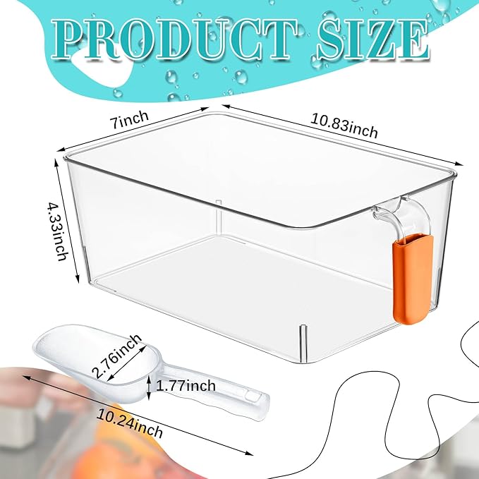 Havawish Ice Storage Bin and Flexible Scoop Set Plastic Freezer Bin with Pull out Handle Storage Bucket Clear for Container with Scoop(Orange,10.83 x 7 x 4.33 in,Classic)