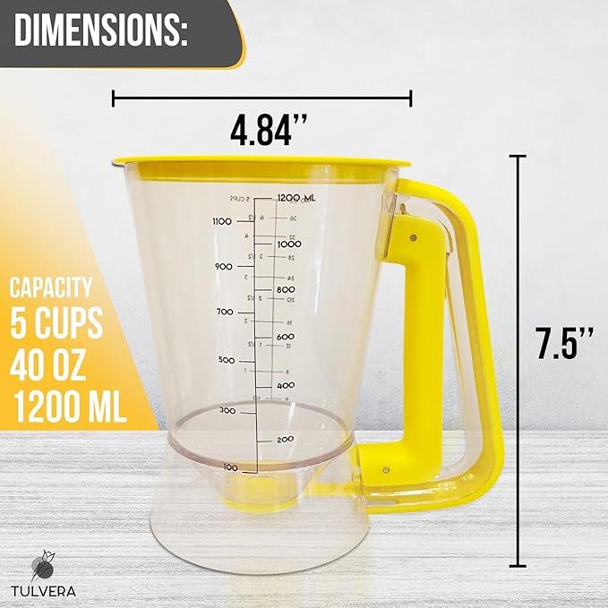 Pancake Batter Dispenser | 5-Cup Mix Pourer for Pancakes, Waffles, Crepes, Muffins, Cupcakes | Squeeze Handle, Portion Control Pitcher, Durable Drip-Free Design | Baking Accessories (Classic Yellow)