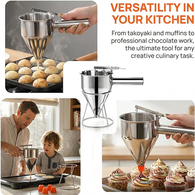 WRINGKIT 40 Oz Pancake Batter Dispenser, Stainless Steel 4 Caliber Funnel Cake Dispenser with Stand, Pancake Mix Dispenser with Handle, Funnel Cake Maker for Cupcakes, Muffins, Waffle and Baked Goods
