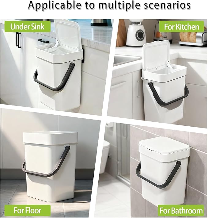 Compost Bin Kitchen, for use on Countertops or Under Sinks, Hanging Trash Can with Lid, Mountable Indoor Compost Bucket, for Cupboard/Bathroom/Bedroom/Office/Camping (White 1.3 Gallon/5L)