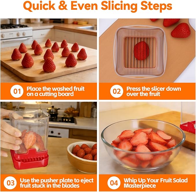 3-in-1 Strawberry Banana Egg Slicer Cup | Detachable Fruit Cutter with Push Plate for Effortlessly Safe Slicing | Quick Meal Prep & Snacks Kitchen Gadget (Red)