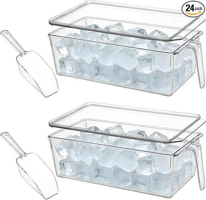 CIEOVO 2 Set Ice Bin for Freezer with Lid and 2 Scoop Set Plastic Freezer Ice Bin with Pull-Out Handle Clear Storage Bucket Kitchen Food Storage Organizer for Home Office Fridge Kitchen