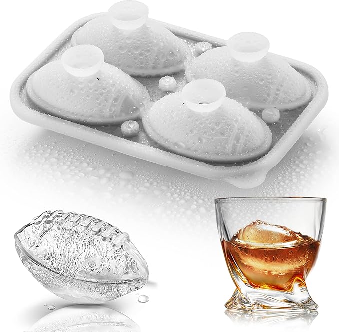 ACOOKEE Silicone Football Ice Cube Mold Fun Shapes, Novelty Football Gifts, 2.2" Large Craft Round Sphere Ice Ball Molds For Game Day, Whiskey, Cocktails, Bourbon, Super Bowl