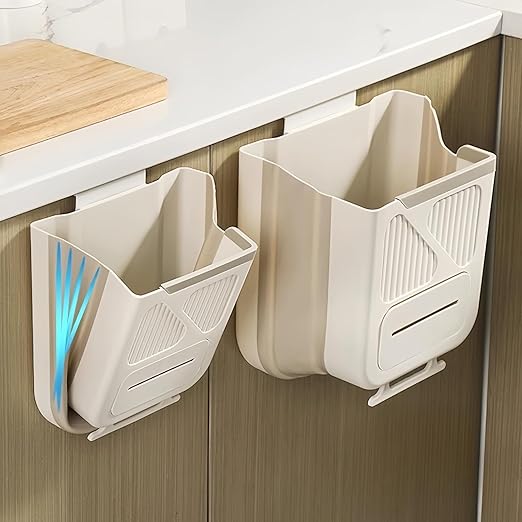 Hanging Trash Can for Kitchen Cabinet Door, 1.85 Gallon Kitchen Trash Can with Space-Saving Design, Collapsible Garbage Can for Kitchens,Cabinet Door, Bathroom, with Trash Bag Compartment - Cream