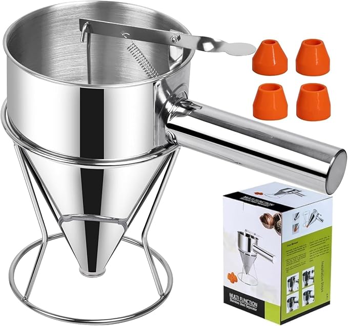 Pancake Batter Dispenser, Multi-Caliber Stainless Steel Funnel Cake Dispenser with Stand Waffle Batter Dispenser Pancake Maker Cooking Tools (0.6L)