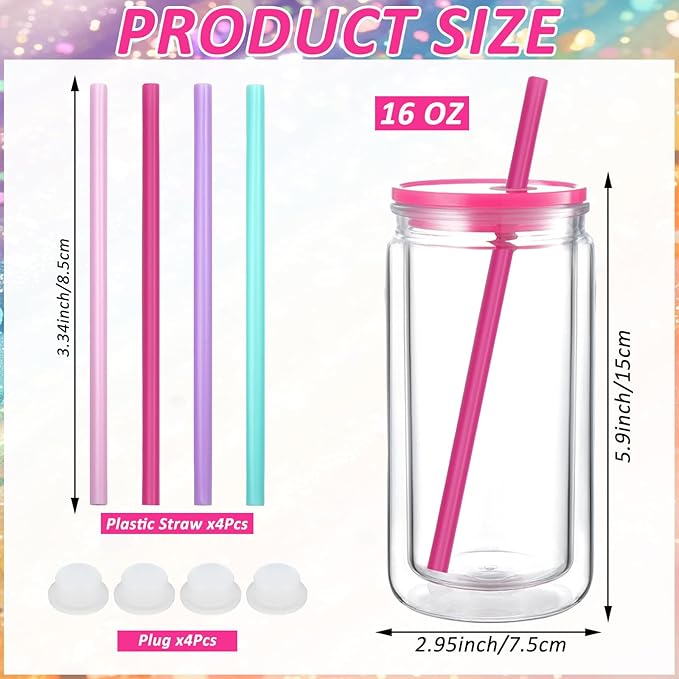 10 Pcs Snow Globe Tumbler Supplies 16oz Pre Drilled Double Wall Clear Cups Kit with Lid and Straw Squeeze Bottle Funnel Tweezer Bent Syringe for DIY Glitter Snow Globe Craft Gift (Colorful)