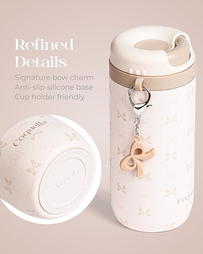 15 oz Stainless Steel Coffee Tumbler with Twist-Open Lid, Insulated Travel Mug for Iced Coffee Cold Brew and Warm Beverages, Leakproof, BPA-Free, Cup Holder Friendly, Bow Cream