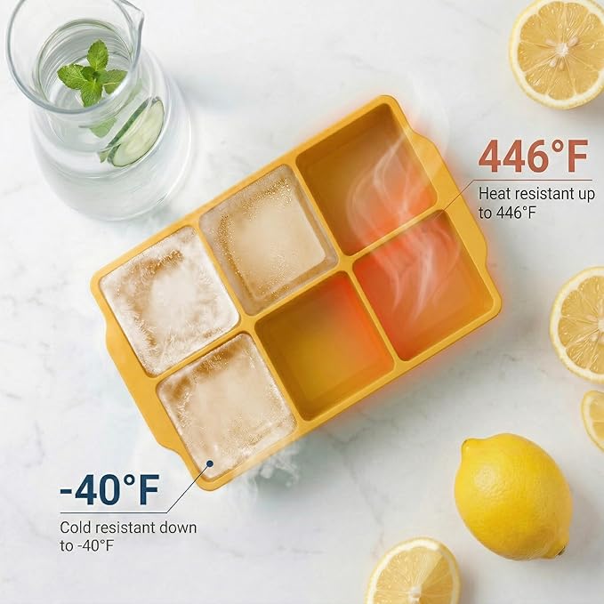 KitchFort Large Silicone Ice Cube Tray (2-Pack), Easy Release 2" Big Ice Cubes - Cocktail, Whiskey Ice Cubes Mold - Ice Trays for Freezer with Lid - Stackable Silicone Ice Tray - Mustard Yellow