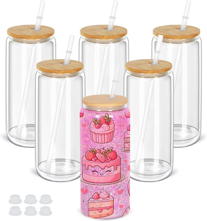 20 Oz Snow Globe Tumbler, 6 Pack Pre-Drilled Sublimation Glass Cup For Glitter Snow Globe Diy, Double Wall Sublimation Glass Tumbler