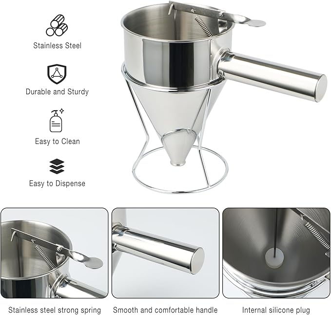 Pancake Batter Dispenser,40oz Stainless Steel Funnel Cake Dispenser with Stand Great for Pancakes Cupcakes Muffins Waffles