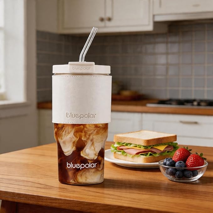 BLUEPOLAR 23oz/680ml Iced Coffee Tumbler, Glass Cups with Lids and Straws,Portable Reusable Cup for Smoothie, matcha,Large Clear Coffee Tumbler for Gym, Travel,car(white with Leather Sleeve)