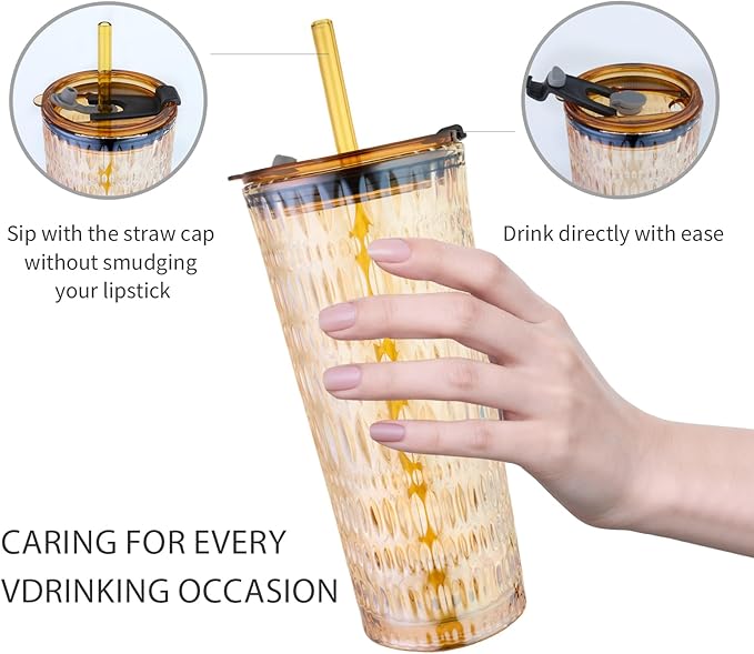 Puraville 2 Pack 18oz Glass Cups with Lids and Straws, Vintage Diamond Pattern Thickened Glassware for Whiskey Cocktail Beer, Mason Jar Drinking Glasses Tumbler Iced Coffee Cup, Amber
