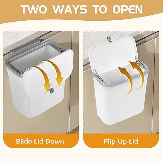 3 Pack Hanging Trash Can with Lid, 12L/3.2 Kitchen Compost Bin for Counter Top & Under Sink, Plastic Waste Basket Wall Mounted Garbage Can for Cupboard/Bathroom/Bedroom/Office/Outside (White)