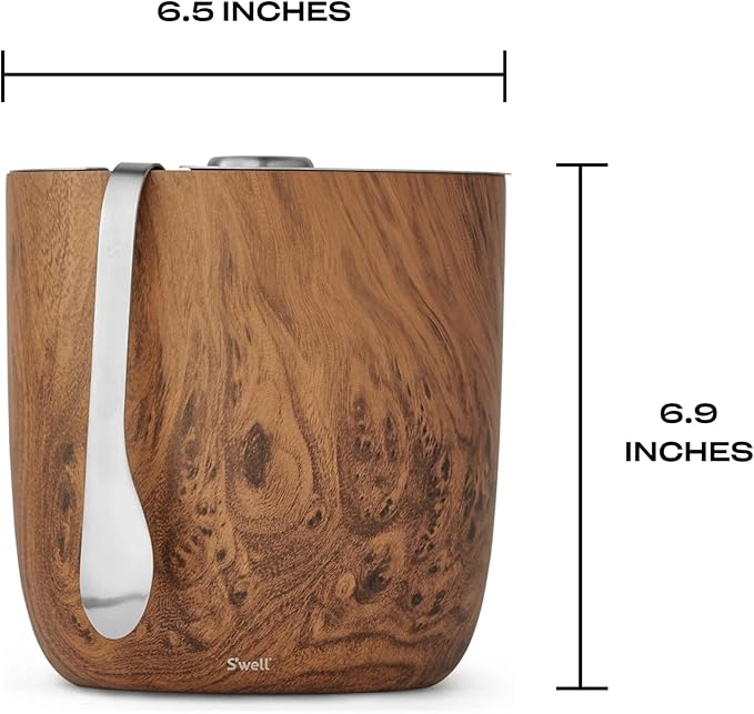 S’well Stainless Steel Ice Bucket with Tongs, 68oz Capacity, Teakwood Pattern Finish, Triple-Layer Vacuum Insulated to Keep Ice Colder Longer, BPA-Free Barware