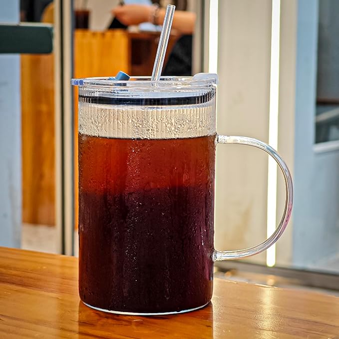 20oz Glass Tumblers with Lids and Straws - Stylish Vintage Ribbed Design for Iced Coffee, Juice, Smoothies, Milkshakes, Cold Beverages & Whiskey Cocktail Beer (Thin Inner Ridge)