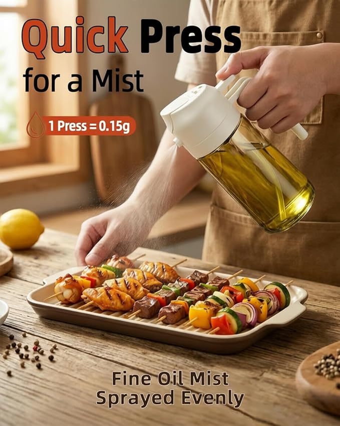 16oz/470ml Oil Sprayer for Cooking, 2 in 1 Oil Dispenser for Kitchen, Olive Oil Sprayer, Food Grade Glass Bottle for Kitchen Gadgets, Air Fryer Accessories, Salad, BBQ (White)