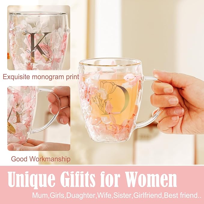 Friendship Gifts for Women Flower Glass Coffee Mug Cute Initial Tea cup Monogrammed Customized Bridesmaid Bride Wedding Gifts Valentine Mother's Day Christmas Gift for Her Mom Wife Sister Coworker (D)