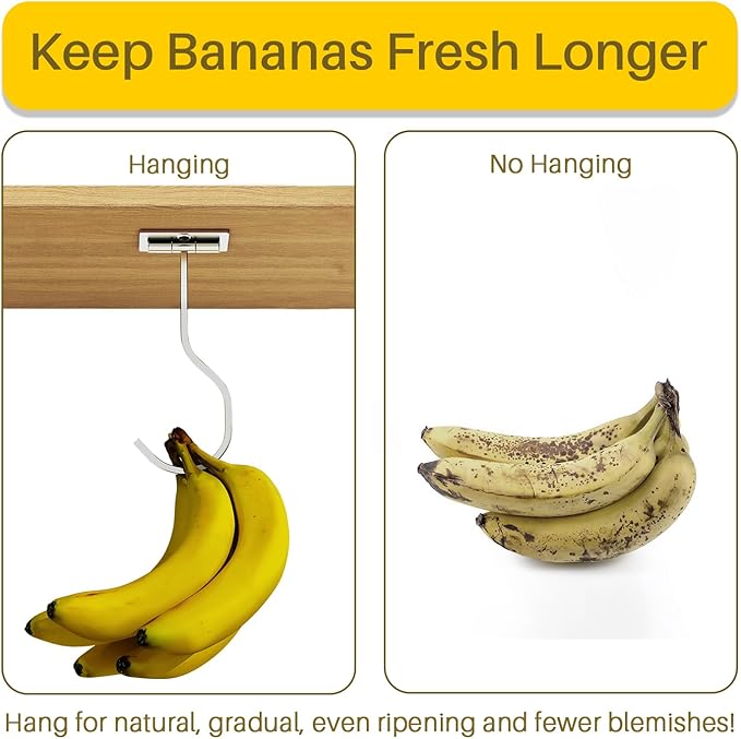 2-Pack Self Adhesive Banana Hook, Metal Banana Hanger Hook,Under Cabinet Hook For Bananas Or Kitchen Items, Foldable Banana Hook, Folds Up With Magnets When Not In Use, Keep Bananas Fresh, Silver
