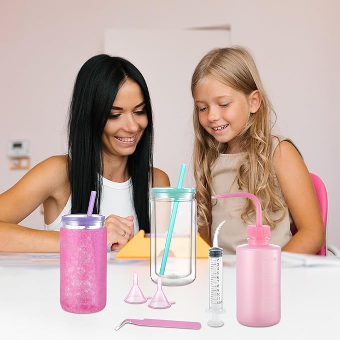 10 Pcs Snow Globe Tumbler Supplies 16oz Pre Drilled Double Wall Clear Cups Kit with Lid and Straw Squeeze Bottle Funnel Tweezer Bent Syringe for DIY Glitter Snow Globe Craft Gift (Colorful)