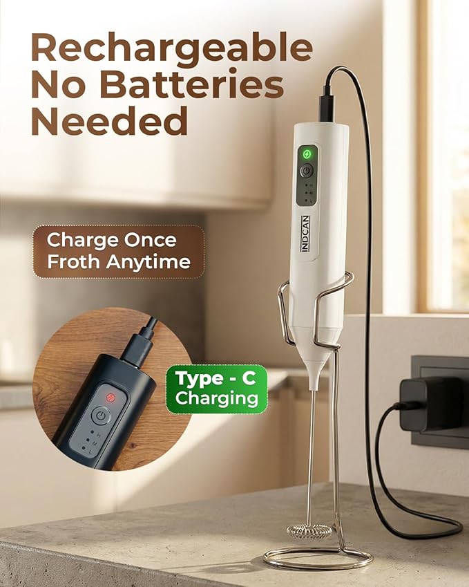 INDCAN Rechargeable Milk Frother Handheld, Electric Coffee Frother Wand with Stainless Steel Stand, 3-Speed Foam Maker with 2 Whisks, USB-C Drink Mixer for Latte, Cappuccino, Matcha (Elite, White)