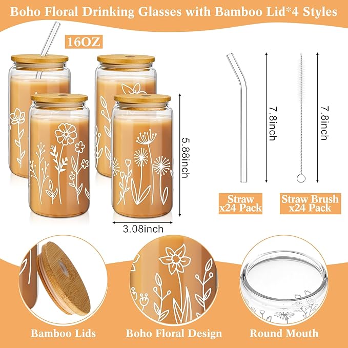 Mumufy 24 Pack Wedding Favor Glass Tumblers Boho Floral 16oz Iced Coffee Cups with Bamboo Lids and Straws Elegant Wedding Guest Favors and Reception Drinkware
