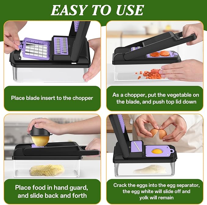 HomeHacks Vegetable Chopper Vegetable Cutter, 15 in 1 Kitchen Gadget, Dicer, Slicer, Onion Cutter, Salad, Cheese Grater & Egg Separator - Multi-Functional Veggie Chopper Lid with Handle (Purple)