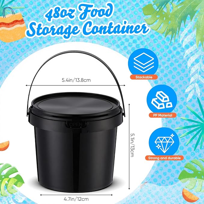 Funnymoom 20 Pack 48 oz Black Buckets with Lid and Handle Plastic Food Storage Containers Round Plastic Pails Freezer and Microwave Safe for Food