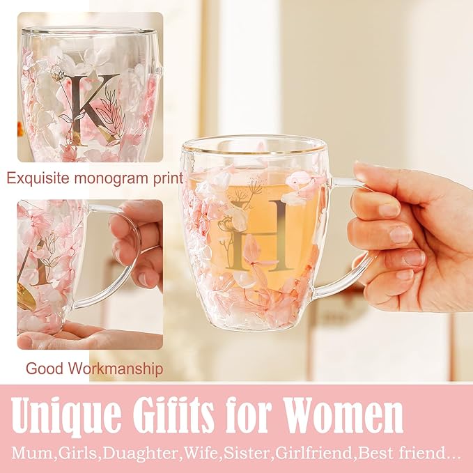 Personalized Gifts for Women Flower Glass Coffee Mug Initial Tea cup Monogrammed Customized Bridesmaid Bride Wedding Gifts Graduation Gifts Valentine Mother's Day Birthday Christmas Gift (H)